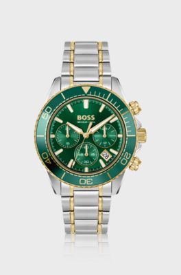 Sealiner two-tone chronograph watch with green dial, Silver tone