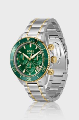 Sealiner two-tone chronograph watch with green dial, Silver tone