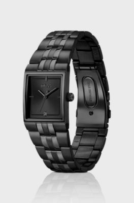 Strivo black-plated watch with stripe effect, Black