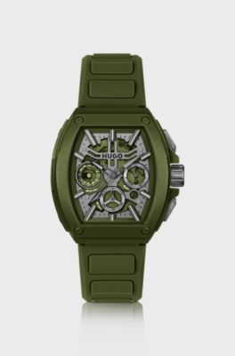Green skeleton-dial watch with silicone strap, Green