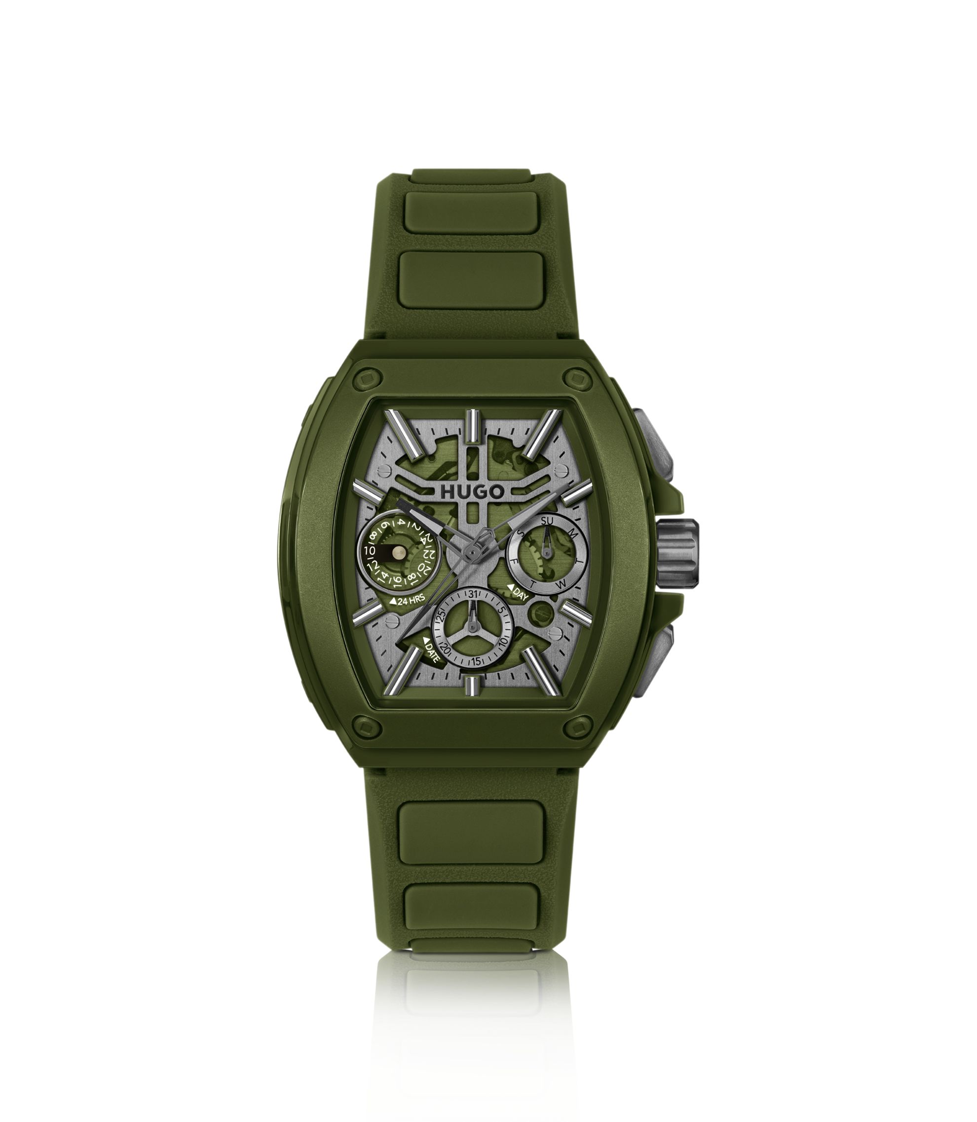 Grüne Uhr mit skelettiertem Zifferblatt und Silikonarmband