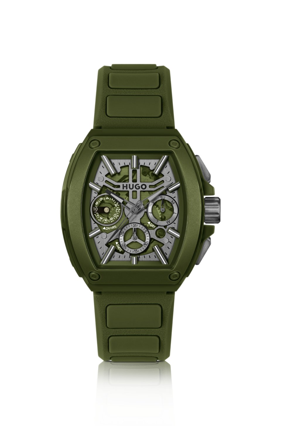skeleton-dial watch with silicone strap