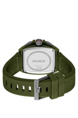 Green skeleton-dial watch with silicone strap, Green