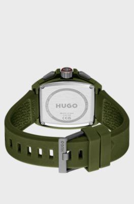 Green skeleton-dial watch with silicone strap, Green