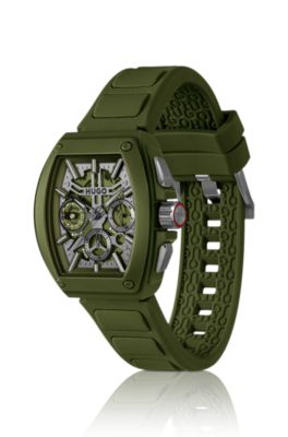 Green skeleton-dial watch with silicone strap, Green