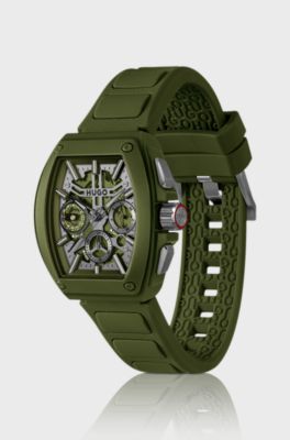 Green skeleton-dial watch with silicone strap, Green