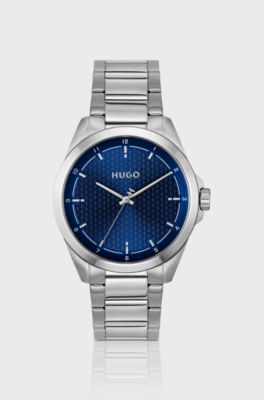 Seam stainless-steel watch with blue textured dial, Silver tone