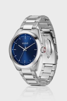 Seam stainless-steel watch with blue textured dial, Silver tone
