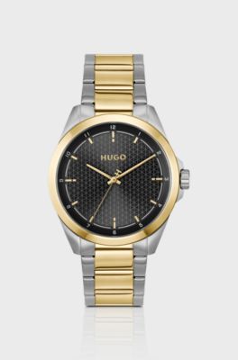 Seam two-tone watch with black textured dial, Silver tone