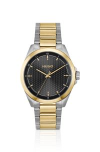 Seam two-tone watch with black textured dial, Silver tone