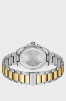 Seam two-tone watch with black textured dial, Silver tone