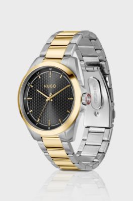 Seam two-tone watch with black textured dial, Silver tone