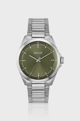 Seam stainless-steel watch with green textured dial, Silver tone