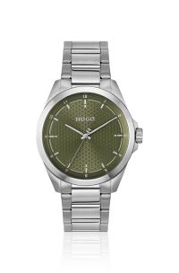 Seam stainless-steel watch with green textured dial, Silver tone