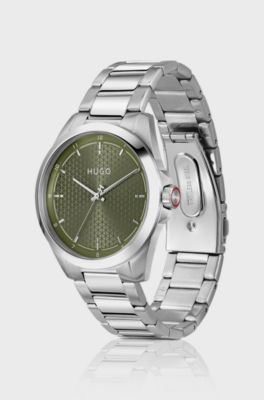 Seam stainless-steel watch with green textured dial, Silver tone