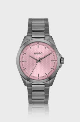 Seam grey-plated watch with pink textured dial, Grey