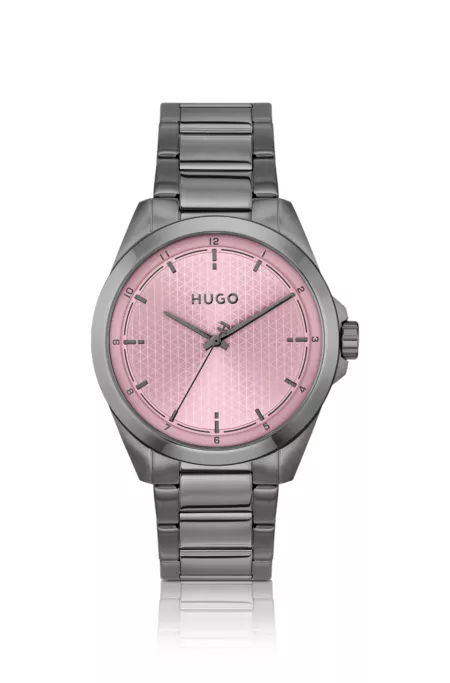 Seam grey-plated watch with pink textured dial