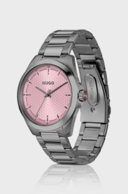 Seam grey-plated watch with pink textured dial, Grey