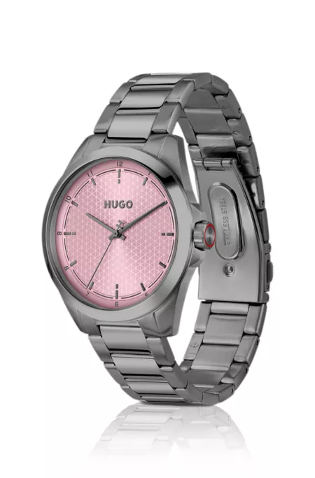Seam grey-plated watch with pink textured dial