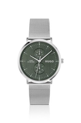 Style silver-tone watch with green dial, Silver tone