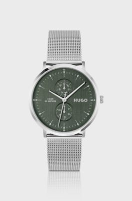 Style silver-tone watch with green dial, Silver tone