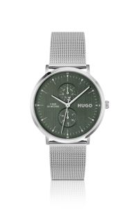 Style silver-tone watch with green dial, Silver tone