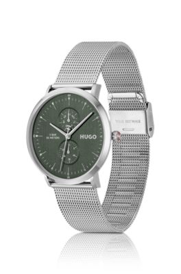 Style silver-tone watch with green dial, Silver tone