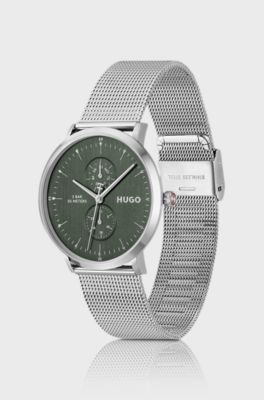 Style silver-tone watch with green dial, Silver tone
