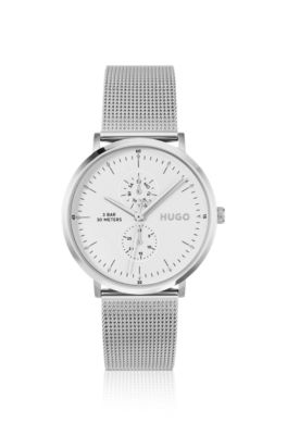 Style silver-tone watch with white dial, Silver tone
