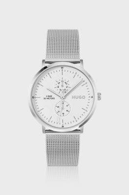 Style silver-tone watch with white dial, Silver tone