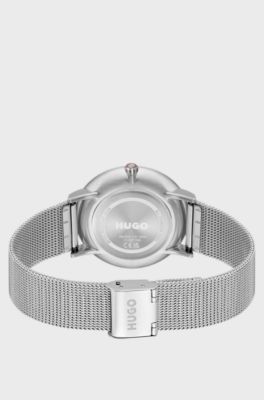 Style silver-tone watch with white dial, Silver tone