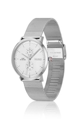 Style silver-tone watch with white dial, Silver tone
