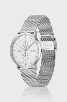 Style silver-tone watch with white dial, Silver tone
