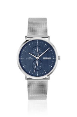 Style silver-tone watch with blue dial, Silver tone