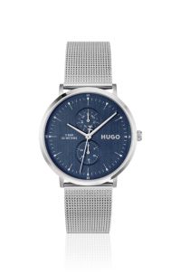 Style silver-tone watch with blue dial, Silver tone