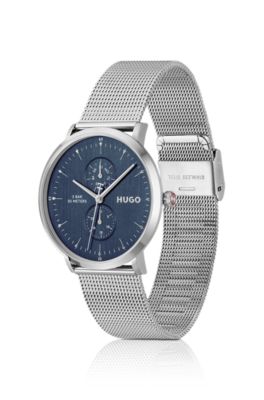 Style silver-tone watch with blue dial, Silver tone