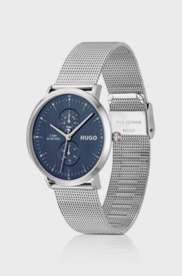 Style silver-tone watch with blue dial, Silver tone