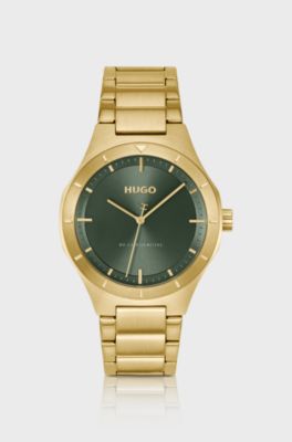 Lit gold-tone watch with green dial, Gold tone