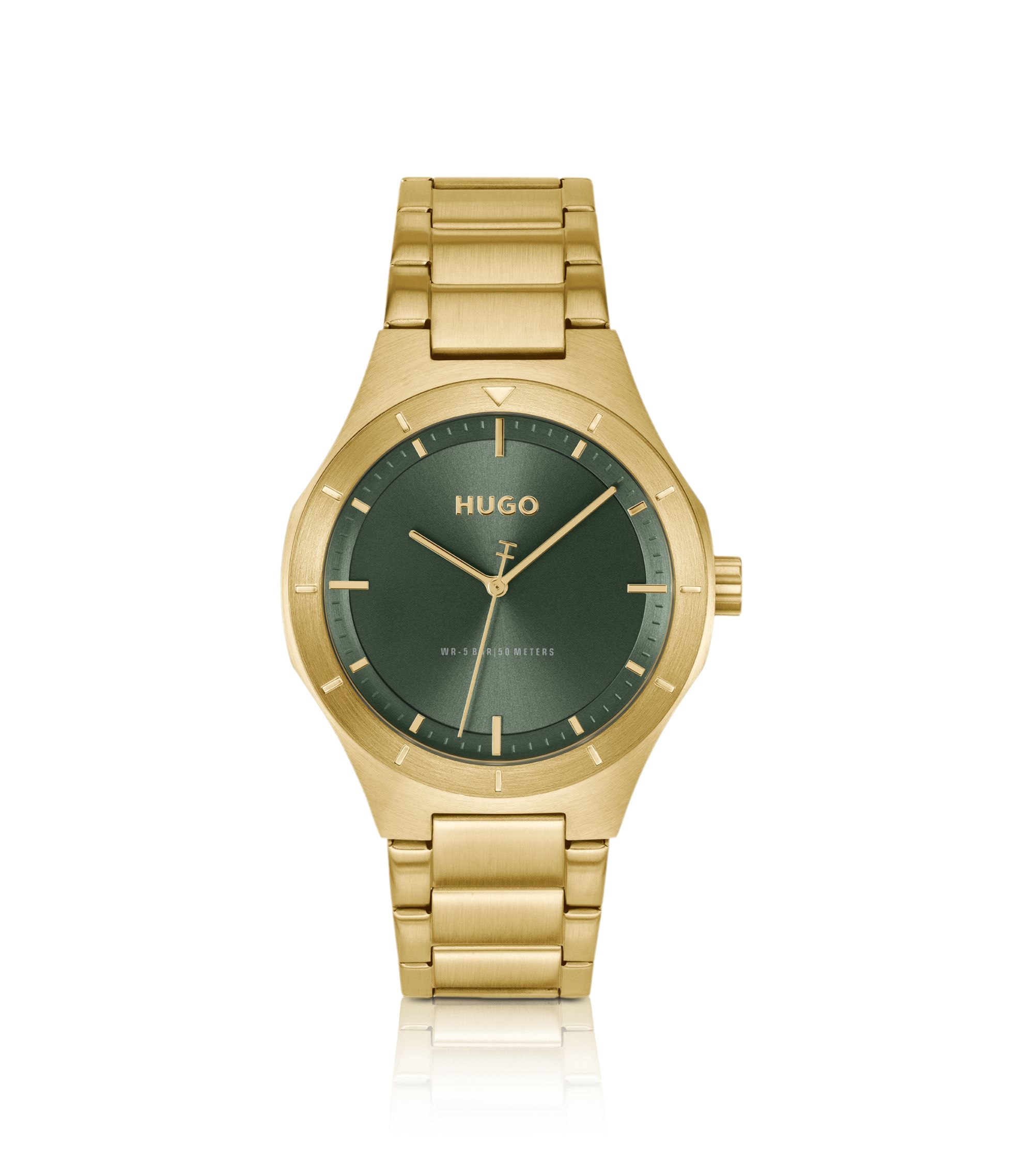 Lit goldfarbene Uhr mit grünem Zifferblatt