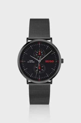 Style black-plated watch with mesh bracelet, Dark Grey
