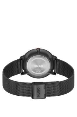 Style black-plated watch with mesh bracelet, Dark Grey