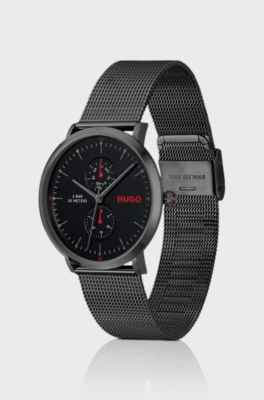 Style black-plated watch with mesh bracelet, Dark Grey