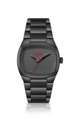 Telly black-plated watch with retro-shaped case, Black