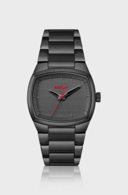 Telly black-plated watch with retro-shaped case, Black