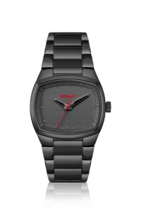 Telly black-plated watch with retro-shaped case, Black