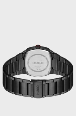 Telly black-plated watch with retro-shaped case, Black