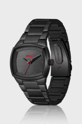Telly black-plated watch with retro-shaped case, Black