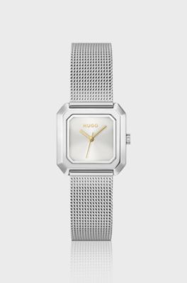 Hazel stainless-steel square watch with mesh bracelet, Silver tone