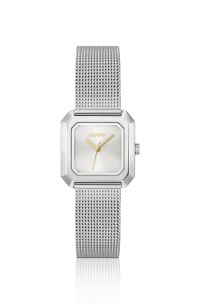 Hazel stainless-steel square watch with mesh bracelet, Silver tone