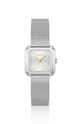 Hazel stainless-steel square watch with mesh bracelet